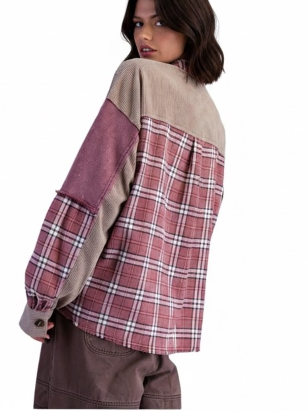 Easel Cotton corduroy mineral washed mixed burgundy tan plaid shacket size Larg - Picture 3 of 9